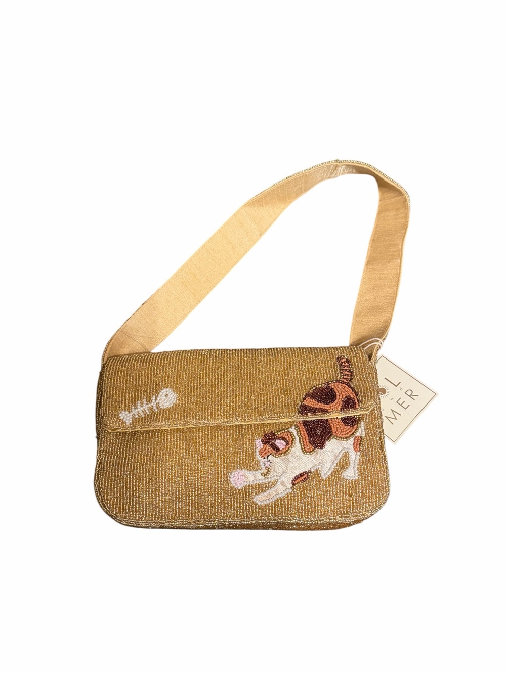 Beaded CalicoCat Motif Shoulder Bag in Gold with fishbone
